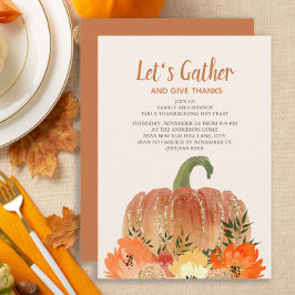 Invitación Cena de Acción de Gracias Calabazas Naranjas Dorad