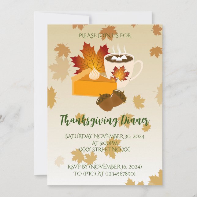 Invitación Cena de Acción de Gracias Cocina Calabaza Pie Choc (Anverso)