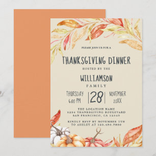 Invitación Cena de Acción de Gracias con Calabaza Dorada y Fo