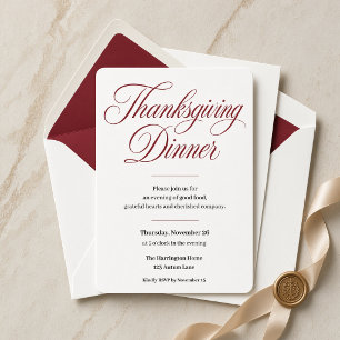 Invitación Cena de Acción de Gracias con elegante letra Burgu