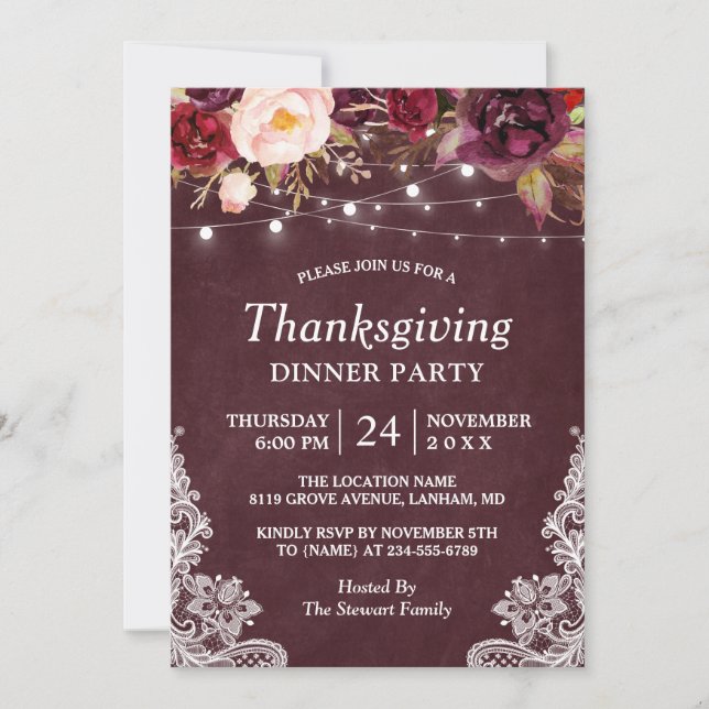 Invitación Cena de Acción de Gracias con flores de Borgoña (Anverso)