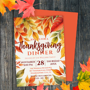Invitación Cena de Acción de Gracias con follaje de otoño en