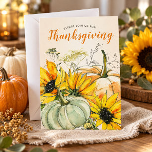 Invitación Cena de Acción de Gracias con Girasoles y Calabaza