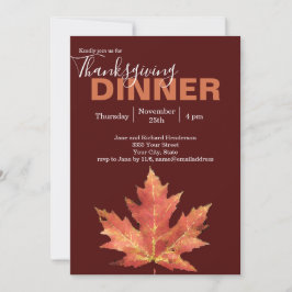 Invitación Cena de Acción de Gracias con hoja de otoño en col