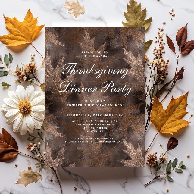 Invitación Cena de Acción de Gracias con Hojas de Otoño Rústi (Rustic Fall Leaves Thanksgiving Dinner Party Invitation)
