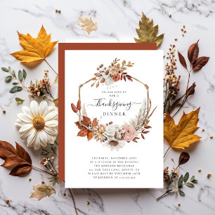 Invitación Cena de Acción de Gracias con Hojas de Otoño Rústi