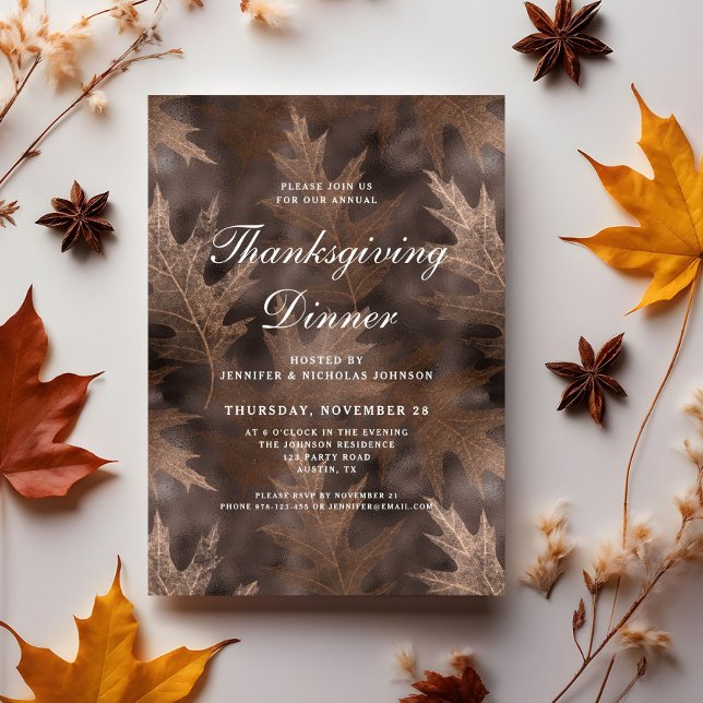 Invitación Cena de Acción de Gracias con Hojas de Otoño Rústi (Rustic Fall Leaves Thanksgiving Dinner Invitation)