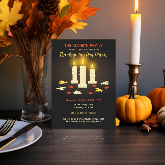 Invitación Cena de Acción de Gracias con velas cálidas y colo (Warm Candles Colorful Leaves Thanksgiving Dinner Invitation)