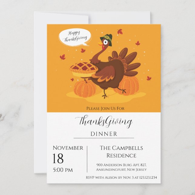 Invitación Cena de Acción de Gracias de Calabaza de Turquía (Anverso)