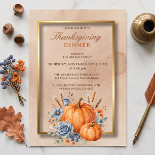 Invitación Cena de Acción de Gracias de Calabaza Floral Azul 