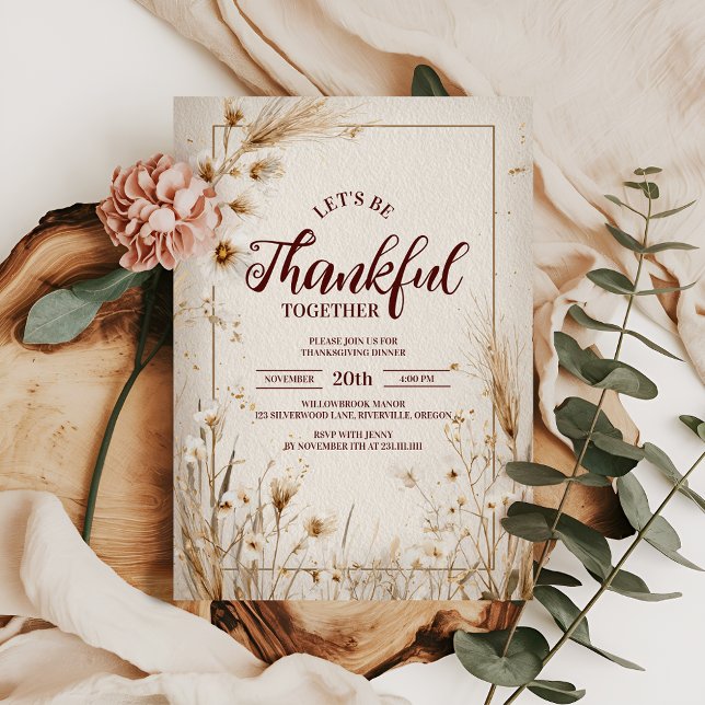 Invitación Cena de Acción de Gracias de Flor Seca Neutral (Subido por el creador)
