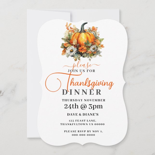 Invitación Cena de Acción de Gracias de Flores y Calabazas de (Anverso)
