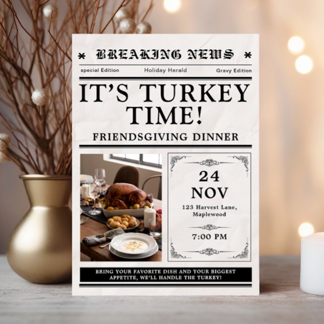 Invitación Cena de Acción de Gracias de Friendsgiving de otoñ (thanksgiving invitations dinner friendsgiving party feast rustic fall leaves newspaper style vintage)