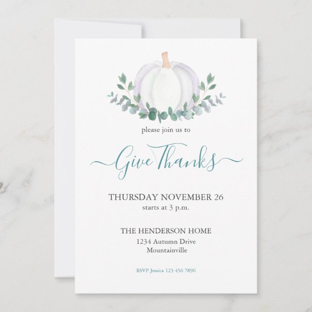 Invitación Cena de Acción de Gracias de la Calabaza Blanca Ve (Anverso)