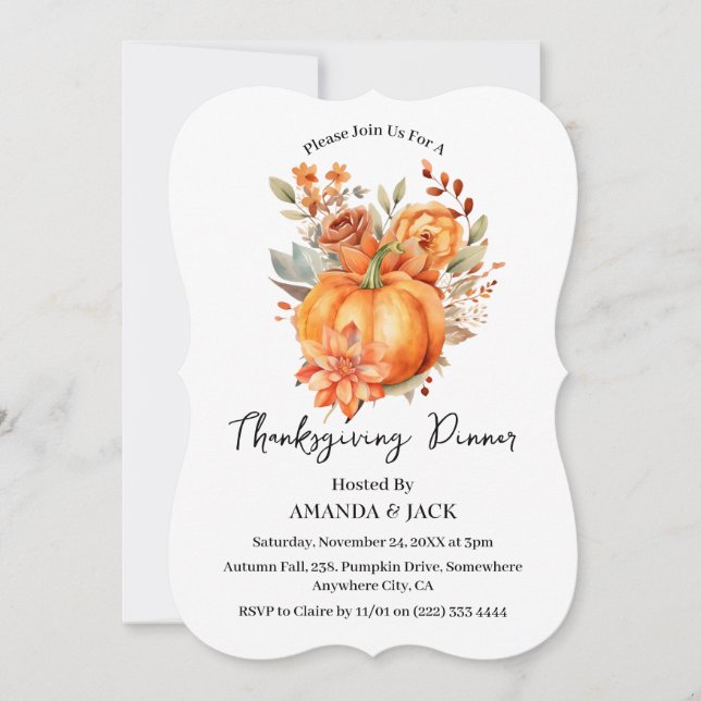 Invitación Cena de Acción de Gracias de la Calabaza Floral de (Anverso)