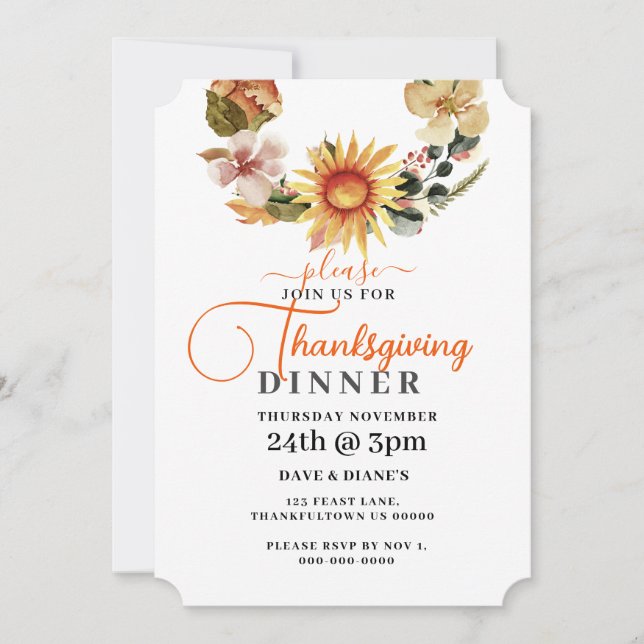Invitación Cena de Acción de Gracias de las flores de otoño (Anverso)