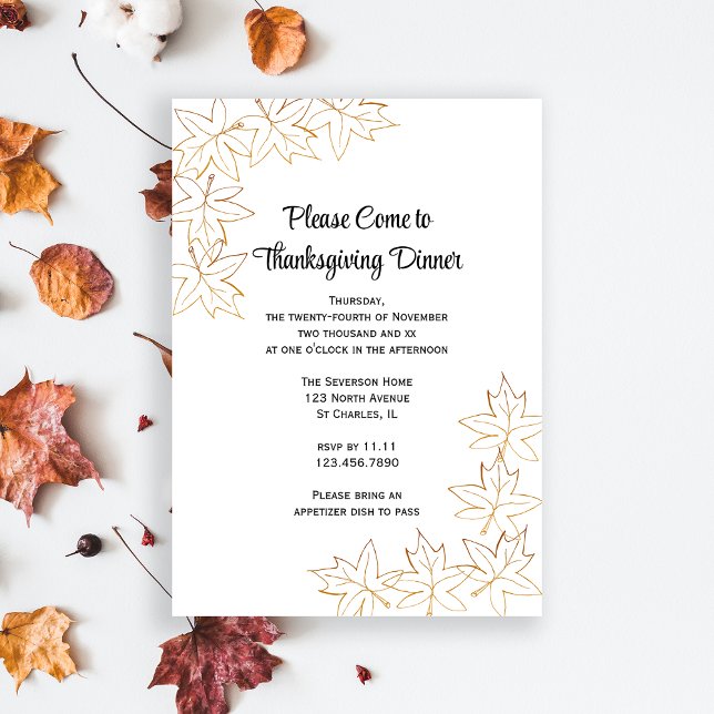 Invitación Cena de Acción de Gracias de Maple Leaf Edge (Invite friends to gather and give thanks with this Fall Leaves Thanksgiving Dinner Invitation.)