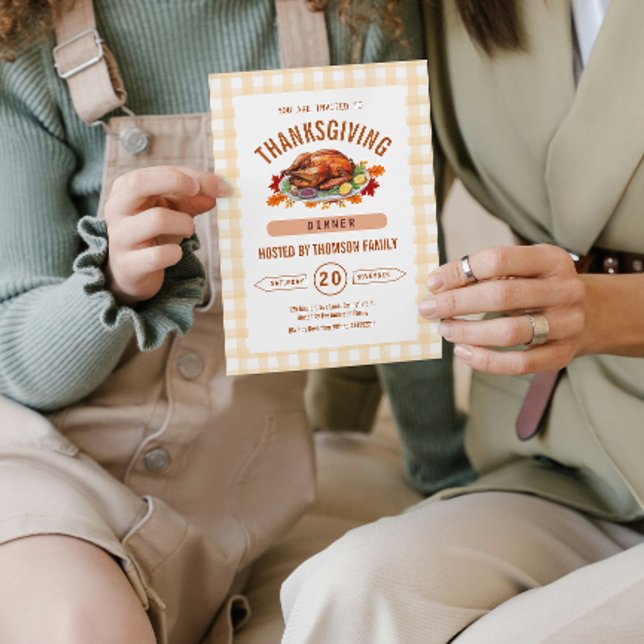 Invitación Cena de Acción de Gracias de Pavo Rústico Gingham  (Pumpkin Rustic Thanksgiving Dinner Fall Watercolor Invitation)
