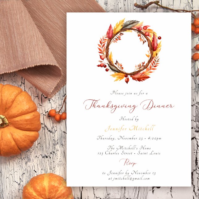 Invitación Cena de Acción de Gracias de Rustic Fall Wreath (Subido por el creador)