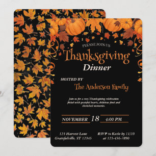 Invitación Cena de Acción de Gracias Elegante Calabaza Hojas