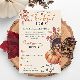 Invitación Cena de Acción de Gracias Elegante Calabaza Hojas