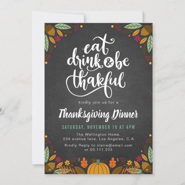 Invitación cena de acción de gracias en pizarra y follaje (Anverso)