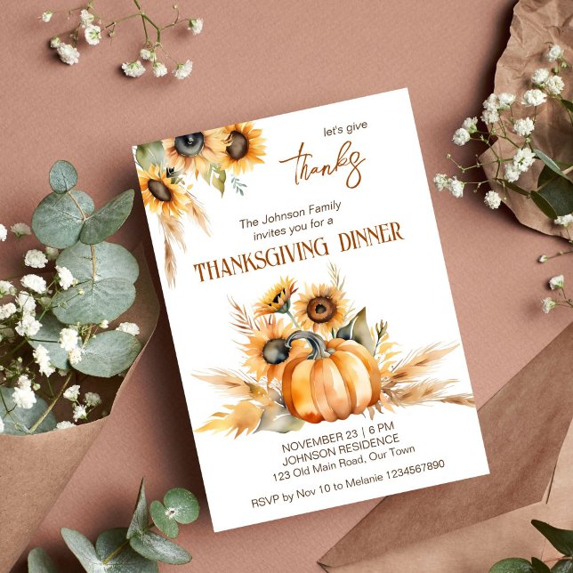 Invitación Cena de Acción de Gracias fiesta boho calabaza gir (Thanksgiving dinner party boho template invitation digital download watercolor pumpkin sunflowers)