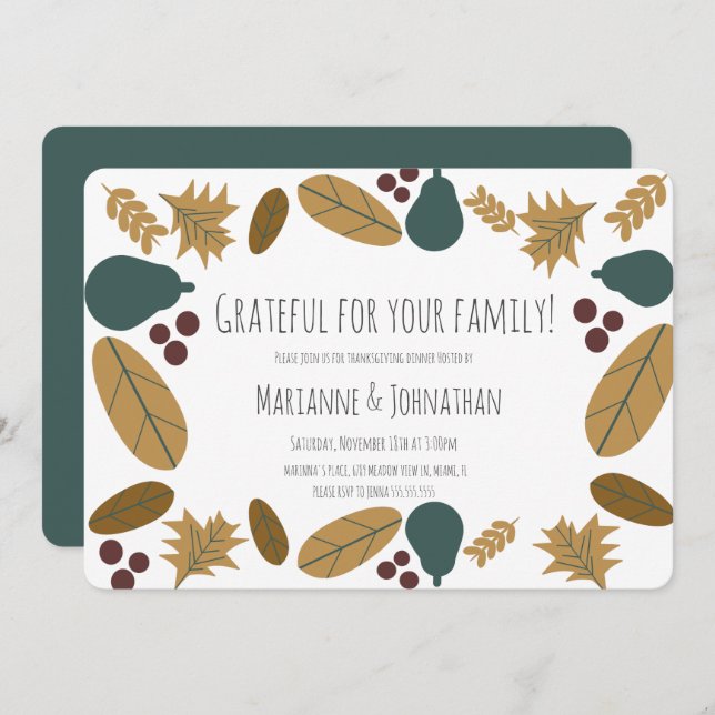 Invitación Cena de Acción de Gracias Fiesta Greenery Pear Wre (Anverso / Reverso)