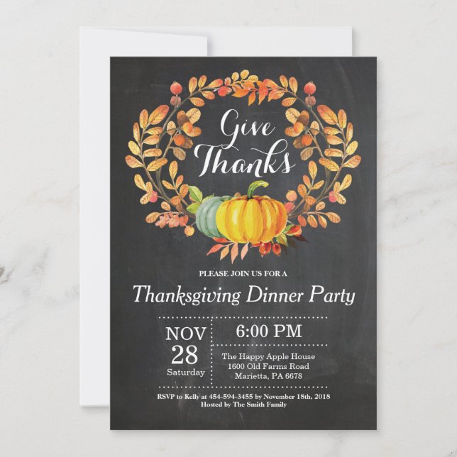 Invitación Cena de Acción de Gracias Fiesta otoño Chalkboard (Anverso)