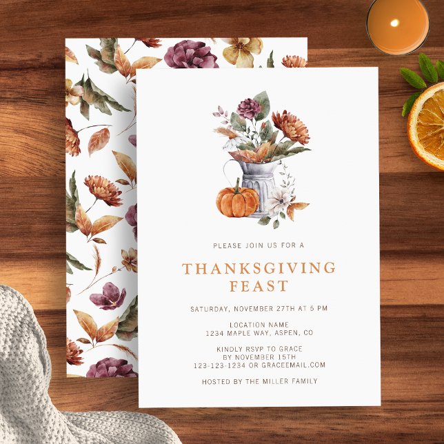 Invitación Cena de Acción de Gracias floral (Autumn floral Thanksgiving dinner Invitation rustic pumpkin autumn floral by Painted Paperie
)