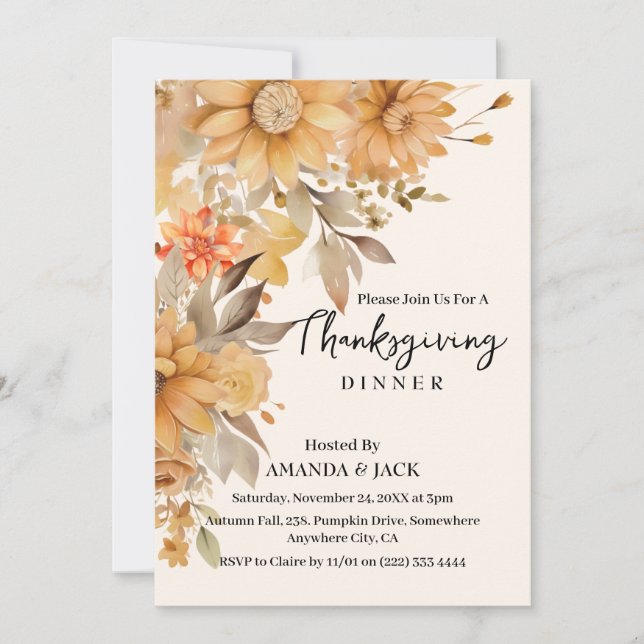 Invitación Cena de Acción de Gracias Floral de acuarela de ot (Anverso)