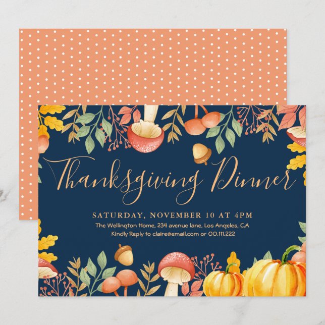 Invitación Cena de acción de gracias floral de otoño (Anverso / Reverso)