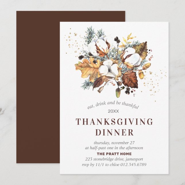 Invitación Cena de Acción de Gracias Floral de otoño blanca (Anverso / Reverso)