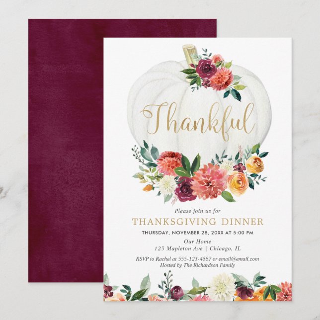 Invitación Cena de Acción de Gracias Floral de otoño rústico  (Anverso / Reverso)