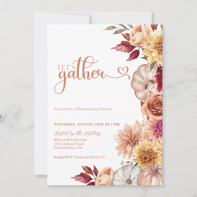 Invitación Cena de Acción de Gracias Invitar Pumpiknes y flor (Anverso)