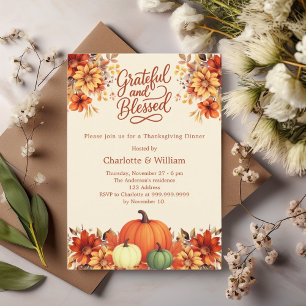 Invitación Cena de Acción de Gracias naranja calabaza flores