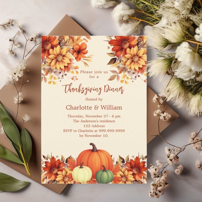 Invitación Cena de Acción de Gracias naranja flor calabaza (Subido por el creador)