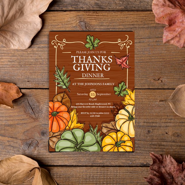 Invitación Cena de Acción de Gracias Otoño Pumpkins Rústica y (Whimsical Rustic Thanksgiving Dinner Pumpkin Fall Invitation)