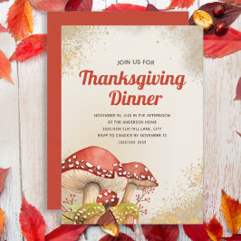 Invitación Cena de Acción de Gracias Otoño Rojo Hongos Dorado