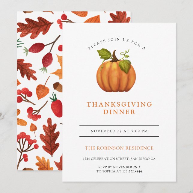 Invitación Cena de Acción de Gracias para la Calabaza de las  (Anverso / Reverso)