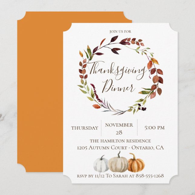 Invitación Cena de Acción de Gracias por hojas y calabazas ru (Anverso / Reverso)