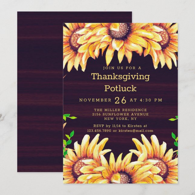 Invitación Cena de Acción de Gracias Potluck Rustic Fall Sunf (Anverso / Reverso)