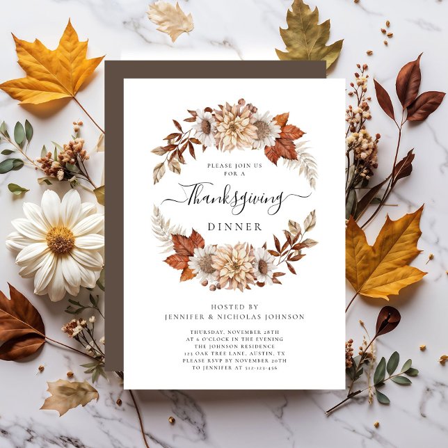 Invitación Cena de Acción de Gracias Rustic Brown Fall (Rustic Brown Fall Floral Thanksgiving Dinner Invitation)