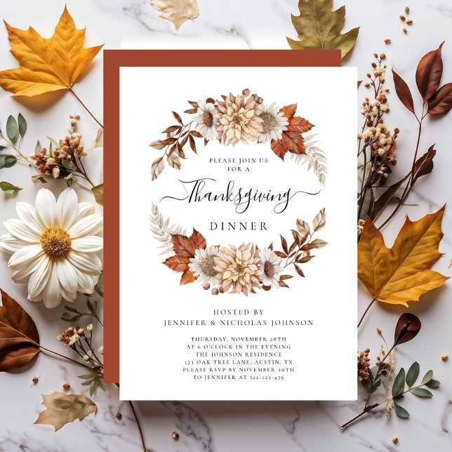 Invitación Cena de Acción de Gracias Rustic Fall (Rustic Fall Floral Thanksgiving Dinner Invitation)