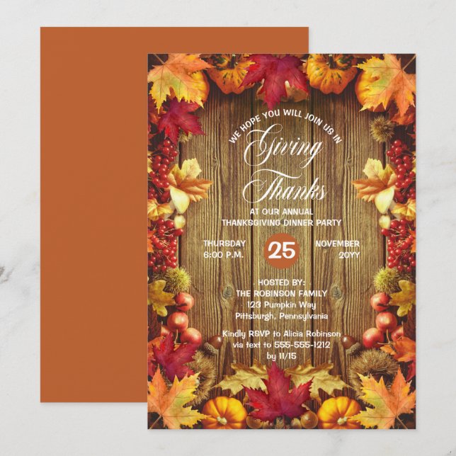 Invitación Cena de Acción de Gracias - Rustic Woodsy Giving G (Anverso / Reverso)
