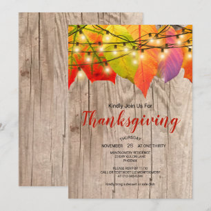 Invitación Cena de Acción de Gracias Rústica Hojas de Otoño L
