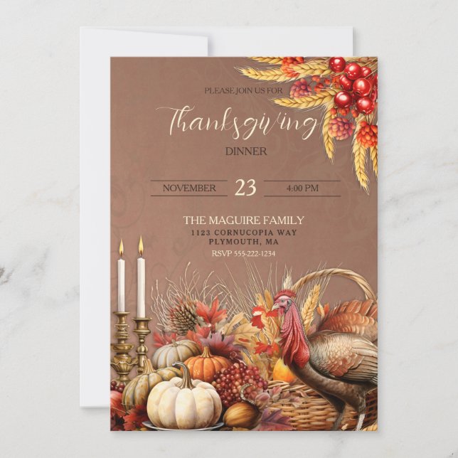 Invitación Cena de Acción de Gracias Turquía calza velas (Anverso)