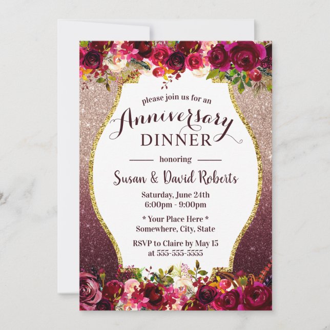 Invitación Cena de aniversario de boda Burdeos Floral (Anverso)