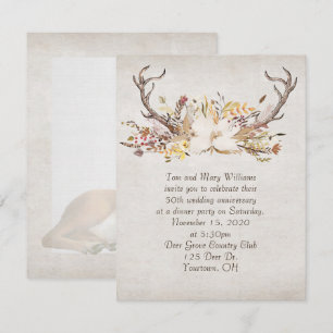 Invitación cena de aniversario, ramo de otoño y ciervos