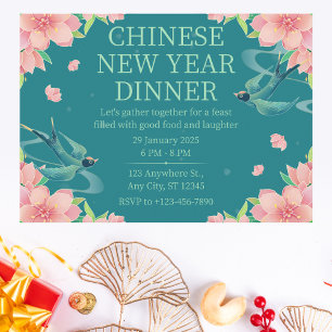 Invitación Cena de Año Nuevo Chino Teal Floral